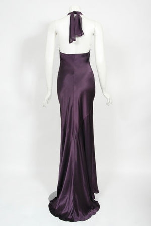 1998 Gianni Versace Couture Purple Silk Halter Bias-Cut Sculpted Gown