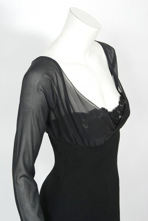 2001 Dolce & Gabbana Sheer Black Silk Built-In Bra Plunge Hourglass Gown
