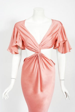2004 Alexander McQueen Lifetime Runway Pink Silk Cut-Out Ruffle Gown