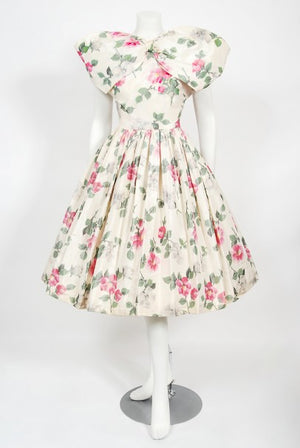 1950's Gustave Tassell Couture Pink Roses Silk Bow-Bodice Full Dress