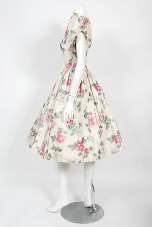 1950's Gustave Tassell Couture Pink Roses Silk Bow-Bodice Full Dress