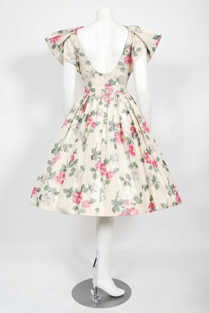 1950's Gustave Tassell Couture Pink Roses Silk Bow-Bodice Full Dress