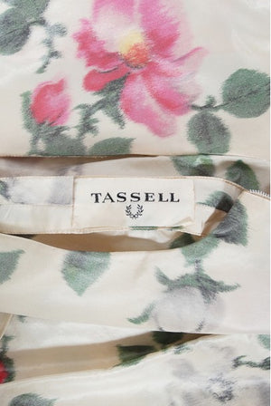 1950's Gustave Tassell Couture Pink Roses Silk Bow-Bodice Full Dress