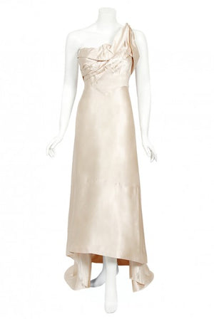 1940's Irene Lentz Couture Cream Silk Sculpted Asymmetric Bustier Gown