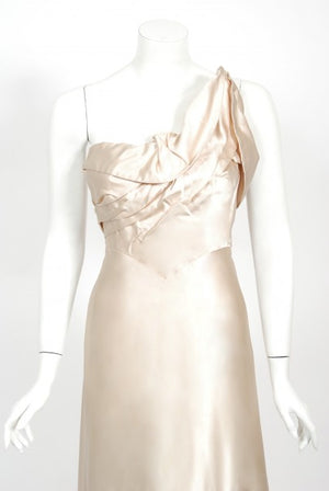 1940's Irene Lentz Couture Cream Silk Sculpted Asymmetric Bustier Gown