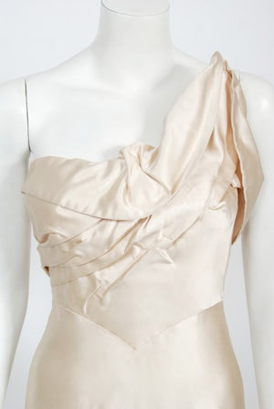 1940's Irene Lentz Couture Cream Silk Sculpted Asymmetric Bustier Gown