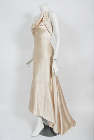 1940's Irene Lentz Couture Cream Silk Sculpted Asymmetric Bustier Gown