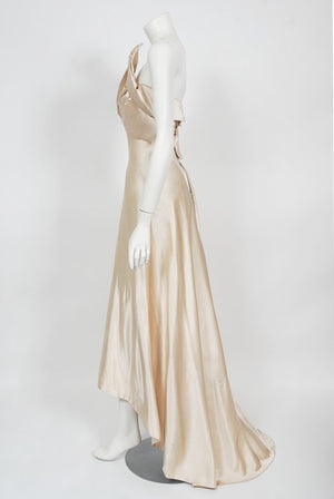1940's Irene Lentz Couture Cream Silk Sculpted Asymmetric Bustier Gown