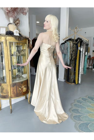 1940's Irene Lentz Couture Cream Silk Sculpted Asymmetric Bustier Gown