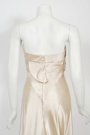 1940's Irene Lentz Couture Cream Silk Sculpted Asymmetric Bustier Gown