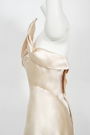 1940's Irene Lentz Couture Cream Silk Sculpted Asymmetric Bustier Gown