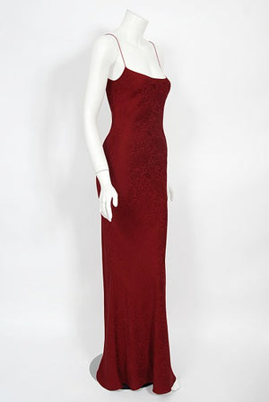 1998 John Galliano Wine-Red Patterned Stretch Silk Hourglass Slip Gown