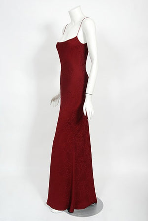 1998 John Galliano Wine-Red Patterned Stretch Silk Hourglass Slip Gown