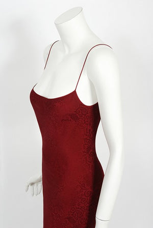 1998 John Galliano Wine-Red Patterned Stretch Silk Hourglass Slip Gown