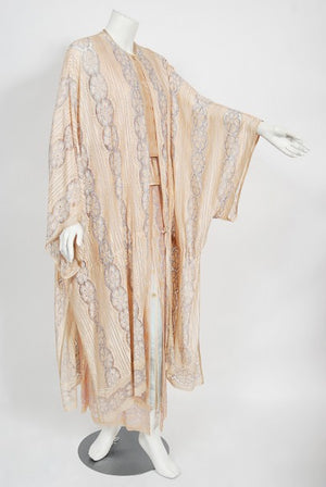 1970's Bill Gibb Couture Peach & Lilac Lace Three-Piece Caftan Gown Set