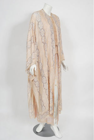 1970's Bill Gibb Couture Peach & Lilac Lace Three-Piece Caftan Gown Set