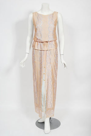 1970's Bill Gibb Couture Peach & Lilac Lace Three-Piece Caftan Gown Set