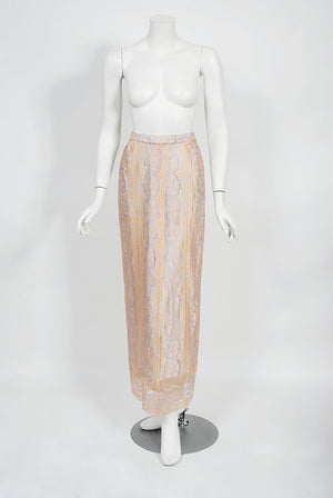 1970's Bill Gibb Couture Peach & Lilac Lace Three-Piece Caftan Gown Set