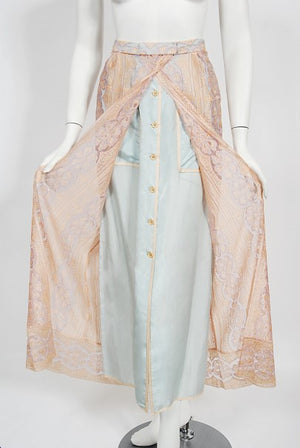 1970's Bill Gibb Couture Peach & Lilac Lace Three-Piece Caftan Gown Set