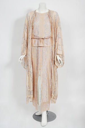 1970's Bill Gibb Couture Peach & Lilac Lace Three-Piece Caftan Gown Set