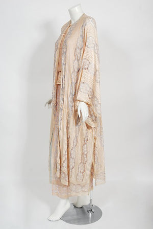1970's Bill Gibb Couture Peach & Lilac Lace Three-Piece Caftan Gown Set