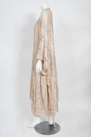 1970's Bill Gibb Couture Peach & Lilac Lace Three-Piece Caftan Gown Set