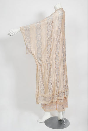 1970's Bill Gibb Couture Peach & Lilac Lace Three-Piece Caftan Gown Set