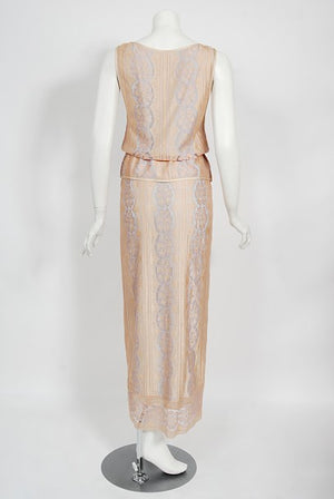 1970's Bill Gibb Couture Peach & Lilac Lace Three-Piece Caftan Gown Set