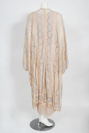 1970's Bill Gibb Couture Peach & Lilac Lace Three-Piece Caftan Gown Set