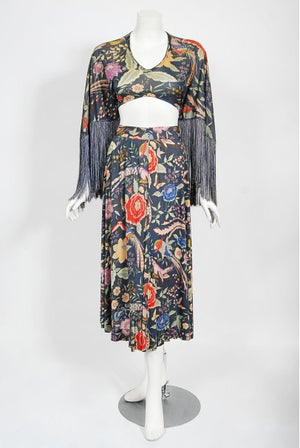 1971 Missoni Couture Floral Bird Print Silk-Jersey Fringe Crop Top Set