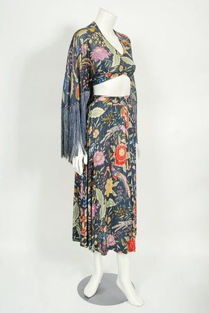 1971 Missoni Couture Floral Bird Print Silk-Jersey Fringe Crop Top Set