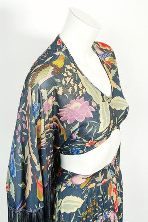 1971 Missoni Couture Floral Bird Print Silk-Jersey Fringe Crop Top Set
