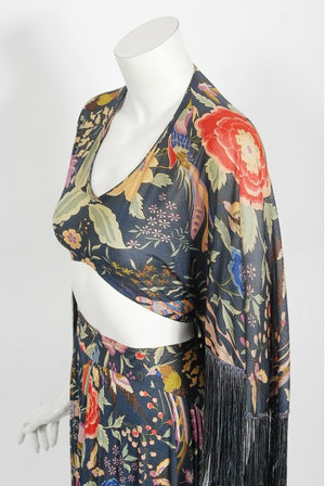 1971 Missoni Couture Floral Bird Print Silk-Jersey Fringe Crop Top Set