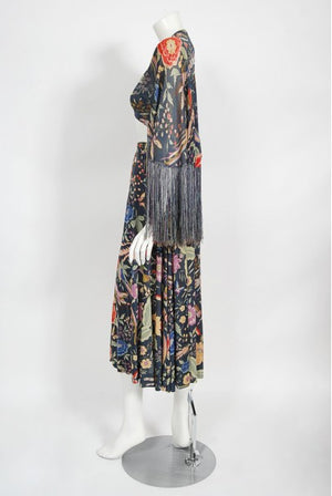 1971 Missoni Couture Floral Bird Print Silk-Jersey Fringe Crop Top Set