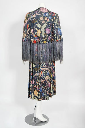 1971 Missoni Couture Floral Bird Print Silk-Jersey Fringe Crop Top Set