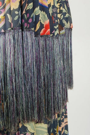 1971 Missoni Couture Floral Bird Print Silk-Jersey Fringe Crop Top Set