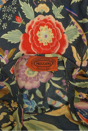 1971 Missoni Couture Floral Bird Print Silk-Jersey Fringe Crop Top Set