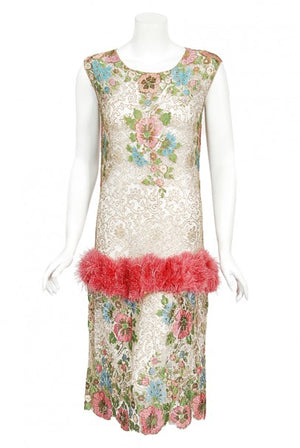 1920's Metallic Floral Sheer Lamé Lace Feather Drop-Waist Couture Dress