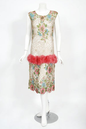 1920's Metallic Floral Sheer Lamé Lace Feather Drop-Waist Couture Dress
