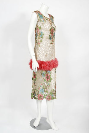 1920's Metallic Floral Sheer Lamé Lace Feather Drop-Waist Couture Dress