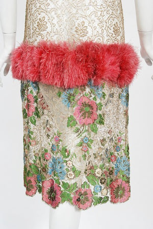 1920's Metallic Floral Sheer Lamé Lace Feather Drop-Waist Couture Dress
