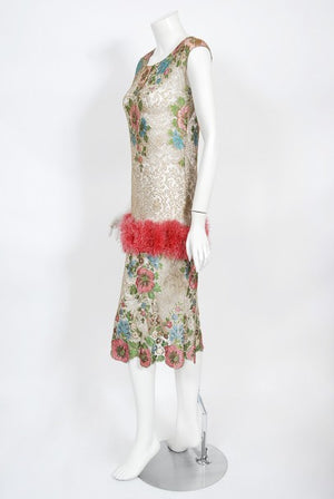1920's Metallic Floral Sheer Lamé Lace Feather Drop-Waist Couture Dress