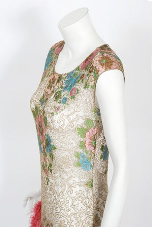 1920's Metallic Floral Sheer Lamé Lace Feather Drop-Waist Couture Dress