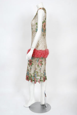 1920's Metallic Floral Sheer Lamé Lace Feather Drop-Waist Couture Dress