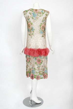 1920's Metallic Floral Sheer Lamé Lace Feather Drop-Waist Couture Dress