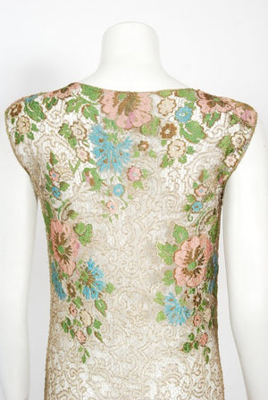 1920's Metallic Floral Sheer Lamé Lace Feather Drop-Waist Couture Dress