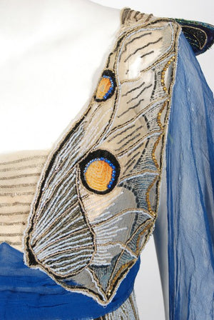 1912 Worth Haute Couture Beaded Butterfly Motif Silk Gown & Headpiece