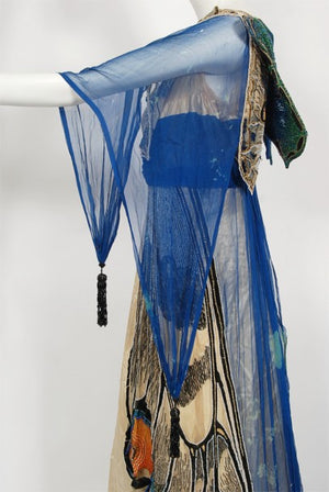 1912 Worth Haute Couture Beaded Butterfly Motif Silk Gown & Headpiece