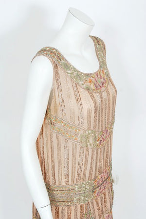 1920's Beaded Embroidered Blush-Pink French Couture Silk Petal Deco Dress