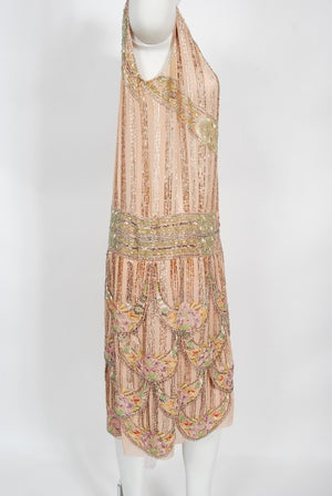 1920's Beaded Embroidered Blush-Pink French Couture Silk Petal Deco Dress